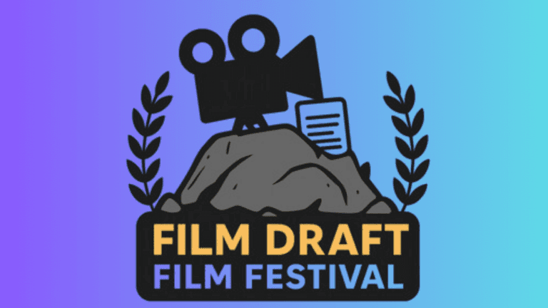 "FilmDraft Film Festival logo featuring a film camera and document, symbolizing creative growth, community, and feedback for filmmakers."