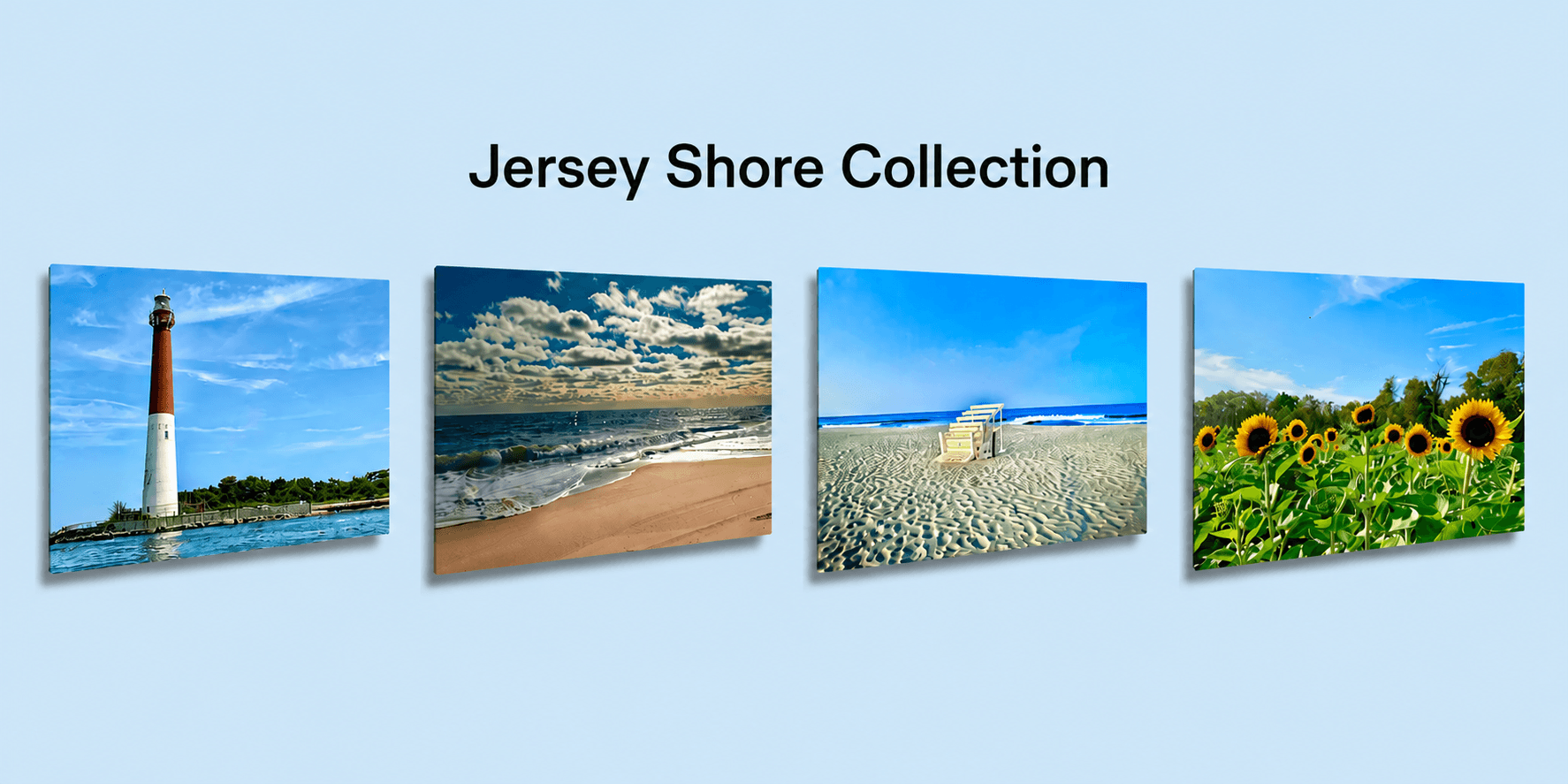 Images of the Jersey Shore, featuring a lighthouse, beach scenes, and sunflowers
