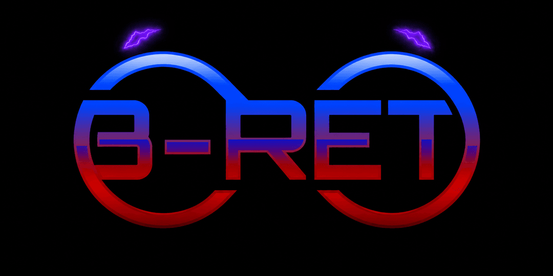 Colorful logo for "B-RET" with circular elements and lightning motifs on a dark background