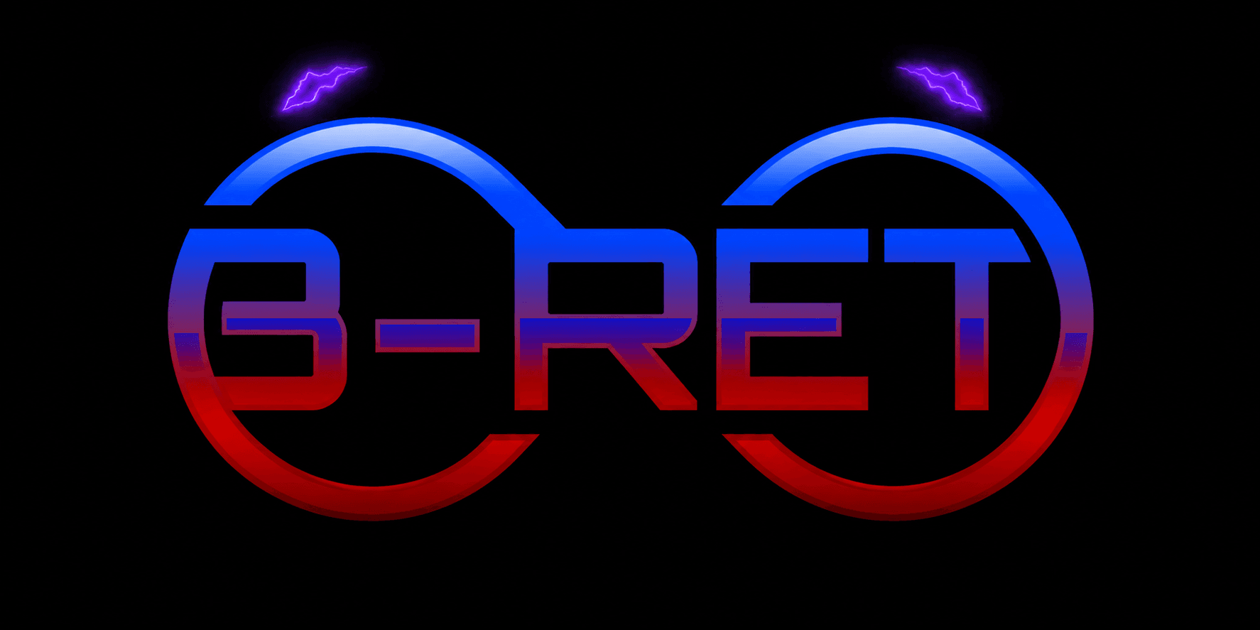 Colorful logo for "B-RET" with circular elements and lightning motifs on a dark background