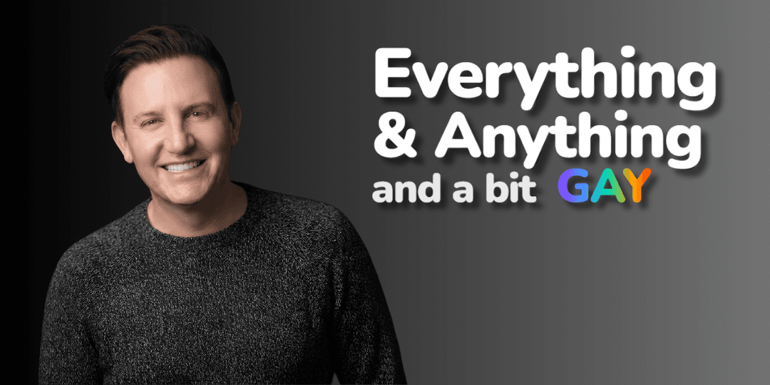 A smiling person in a dark sweater against a gradient background with text design