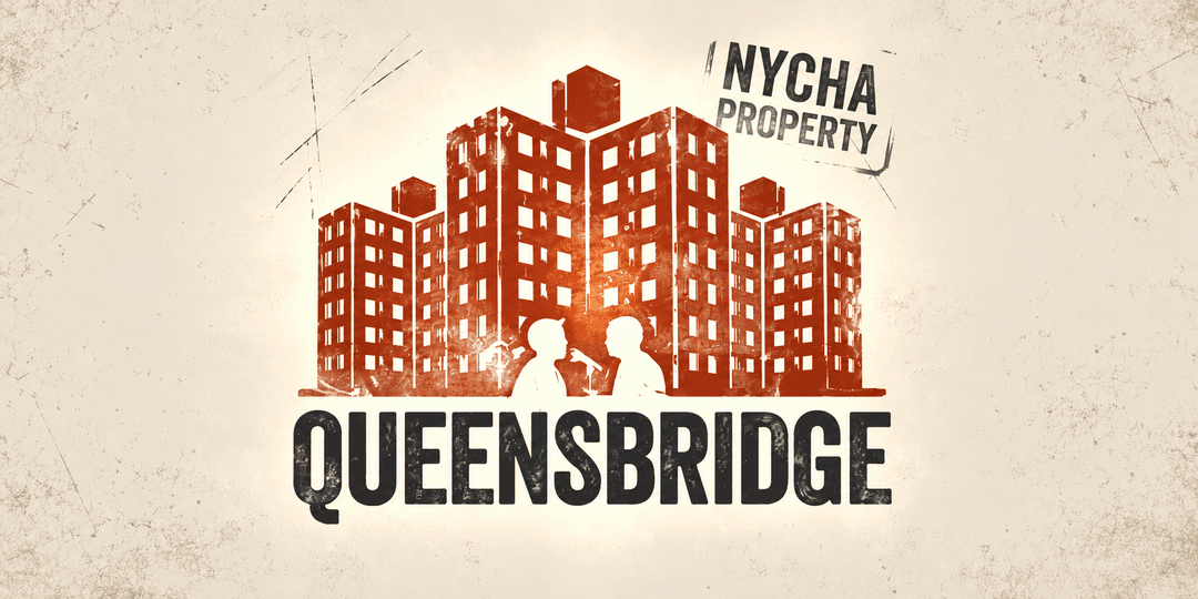 Graphic illustration of Queensbridge housing complex with silhouettes of two people in foreground