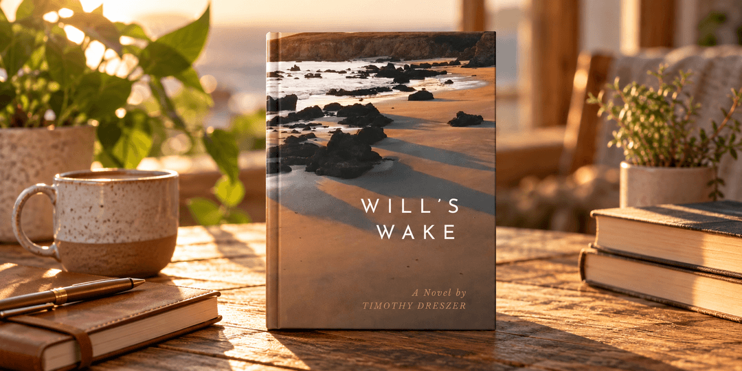 A book titled "Will's Wake" on a wooden table with plants and a coffee mug