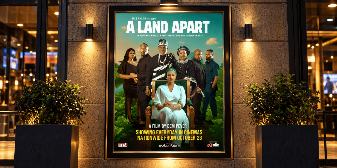 Movie poster for "A Land Apart" featuring cast members in a vibrant outdoor setting