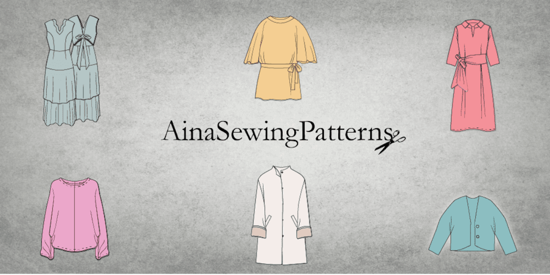Illustration of various sewing patterns for dresses and outerwear with a logo in the center