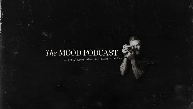 Black-and-white banner for The MOOD Podcast featuring Matt Jacob holding a camera against a dark background.