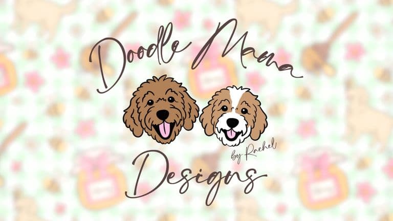 Doodle Mama Designs logo with two doodle dog illustrations and a soft, pastel background.