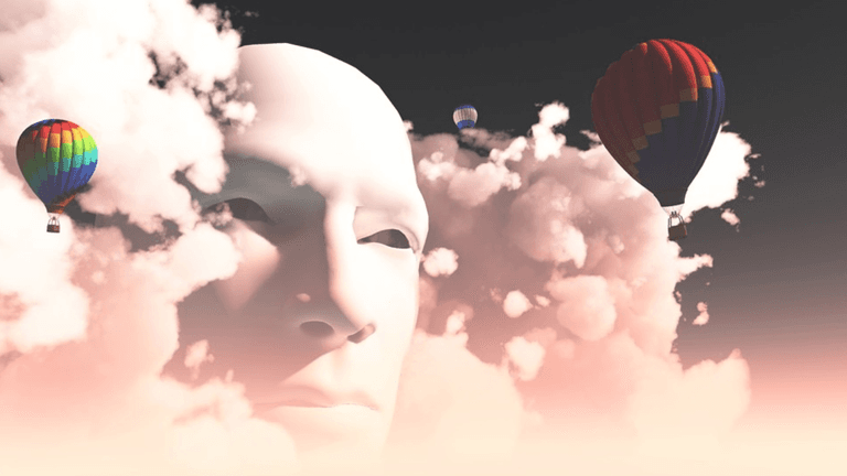 A digital representation of meditation and introspection, featuring hot air balloons in a serene sky.