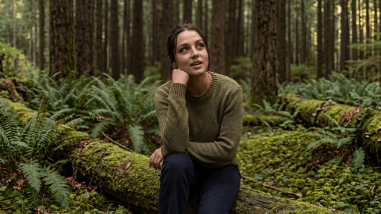 Person sitting on a moss-covered log in a forest, surrounded by ferns and tall evergreen trees.