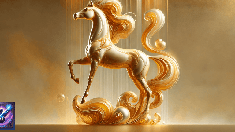 A digital artwork of a golden horse, symbolizing Hernán Simó’s fusion of spirituality and technology in art.