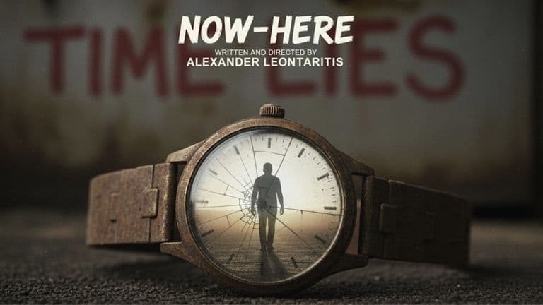 Poster for 'NOW-HERE,' a psychological drama, featuring a cracked watch with a silhouette of a man and 'TIME LIES'