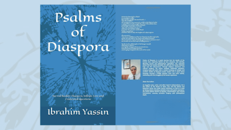 Cover of 'Psalms of Diaspora' by Ibrahim Yassin, featuring a blue design and author photo.