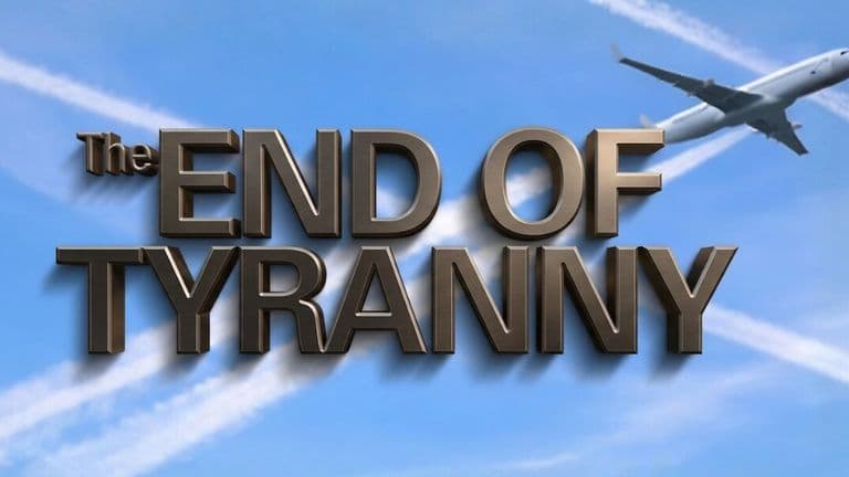 The End Of Tyranny” title graphic with airplane and contrails against blue sky background.