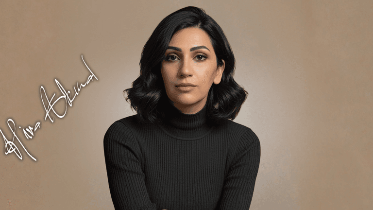 Portrait of a woman in a black turtleneck against a beige background with her signature beside her.
