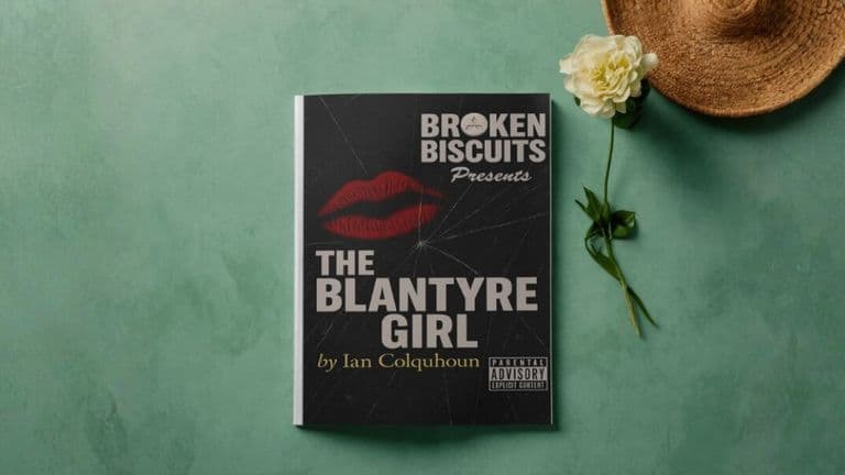 the book cover of The Blantyre Girl by Ian Colquhoun, showcasing a dark design with a lipstick print.