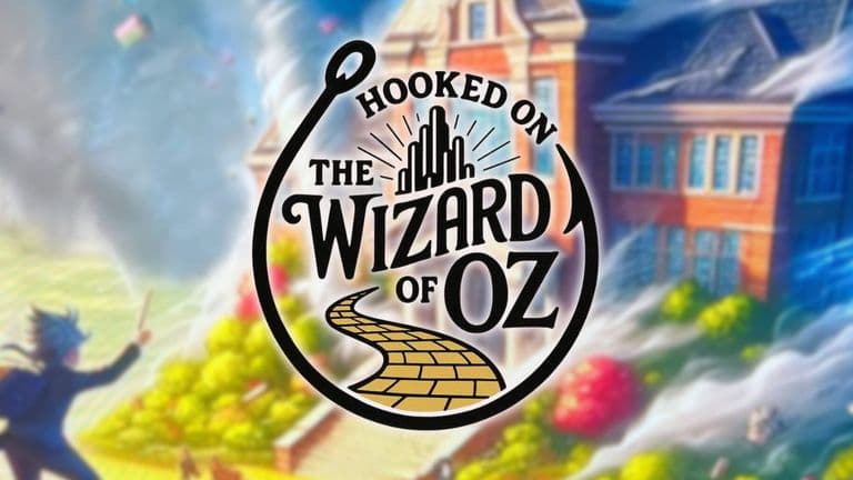 Logo for "Hooked on the Wizard of Oz" featuring an iconic yellow brick road leading to an emerald skyline. A whimsical, magical atmosphere surrounds.