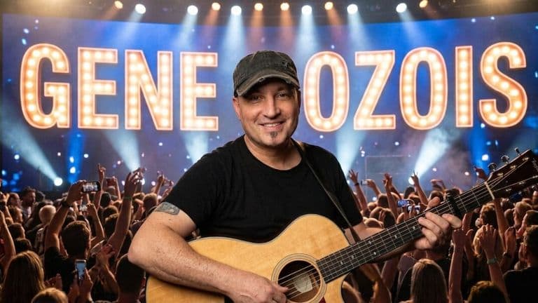 Gene Dozois performing with acoustic guitar before cheering concert crowd and illuminated stage sign.