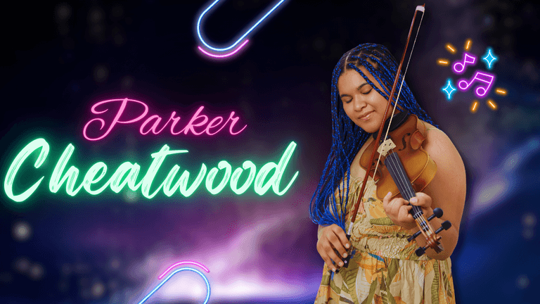 "Parker Cheatwood, a multitalented young performer, playing the violin, with vibrant blue braids, showcasing her artistic talent."