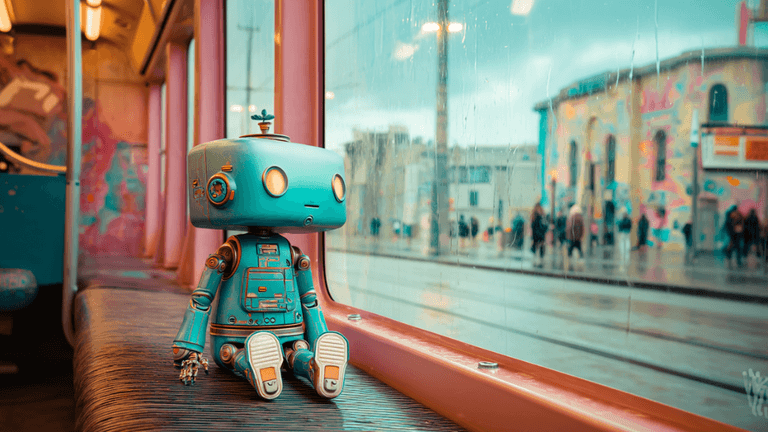 A vintage-style robot toy sitting on a seat inside a colorful tram, gazing out the window as rain droplets collect on the glass, with a vibrant street art mural visible in the background.