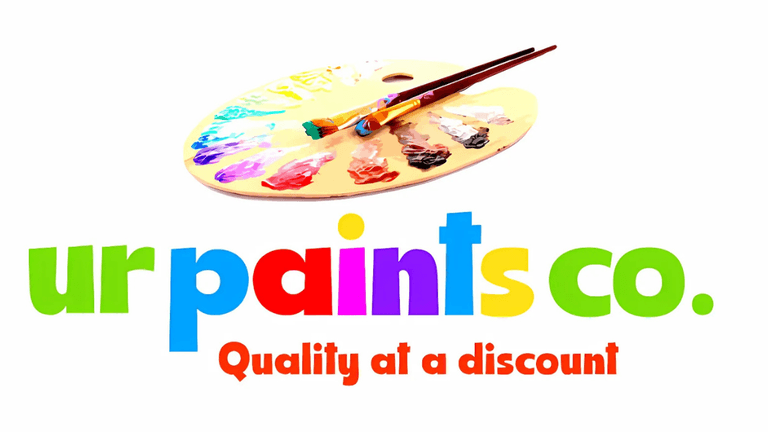 Colorful logo of 'urpaintsco' featuring a vibrant paint palette with a variety of paint colors and two brushes, accompanied by the tagline 'Quality at a discount'. The logo uses bright and playful fonts to attract creative customers.