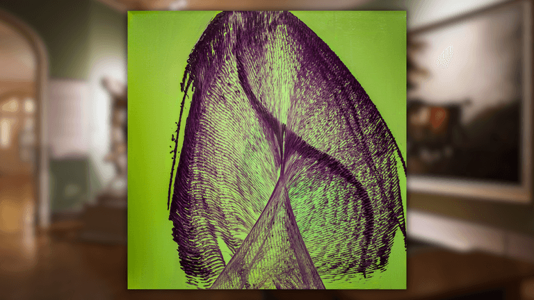 Abstract thread painting with purple strokes on green background, showcasing Ritu Raj’s Organic Movement Series blending structure and spontaneity.