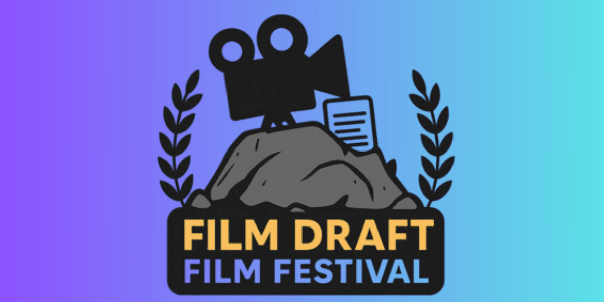 "FilmDraft Film Festival logo featuring a film camera and document, symbolizing creative growth, community, and feedback for filmmakers."
