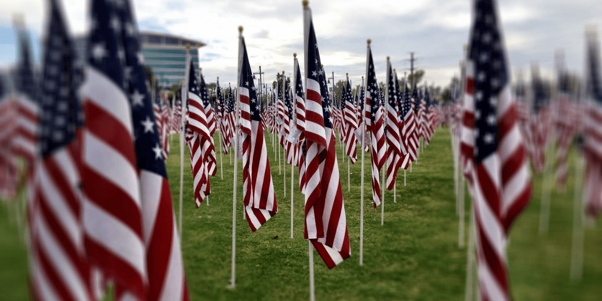 Field filled with American flags waving on tall poles against a cloudy sky