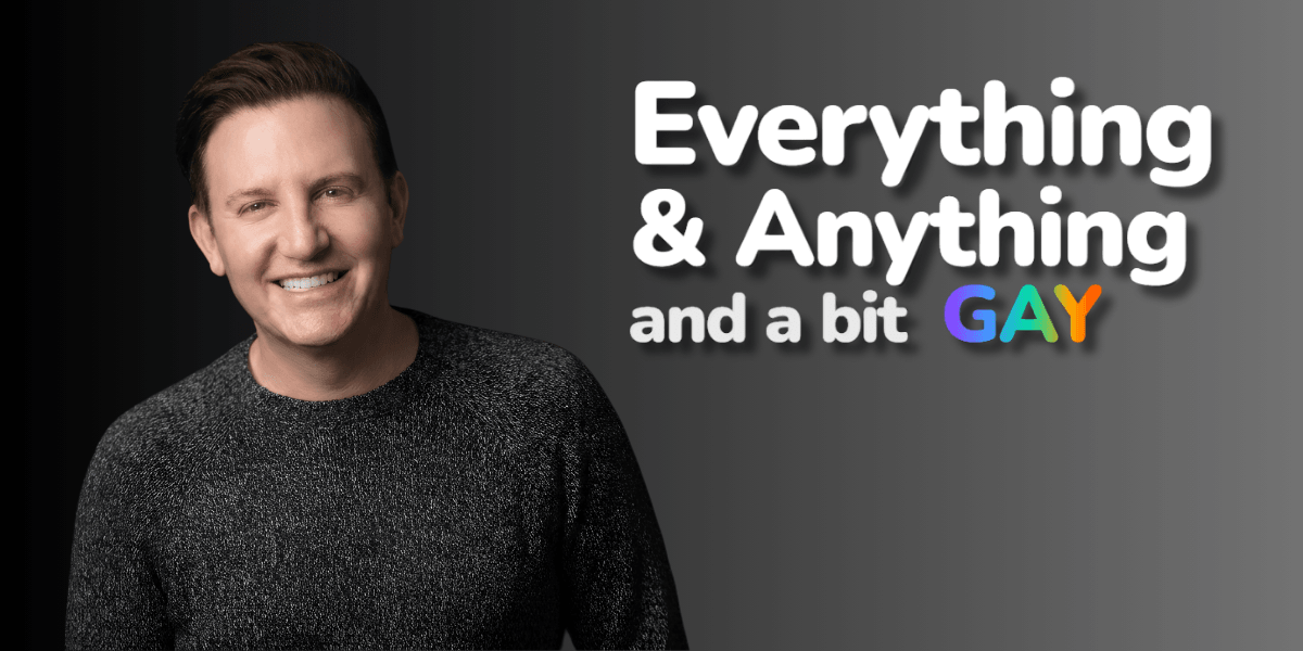 A smiling person in a dark sweater against a gradient background with text design