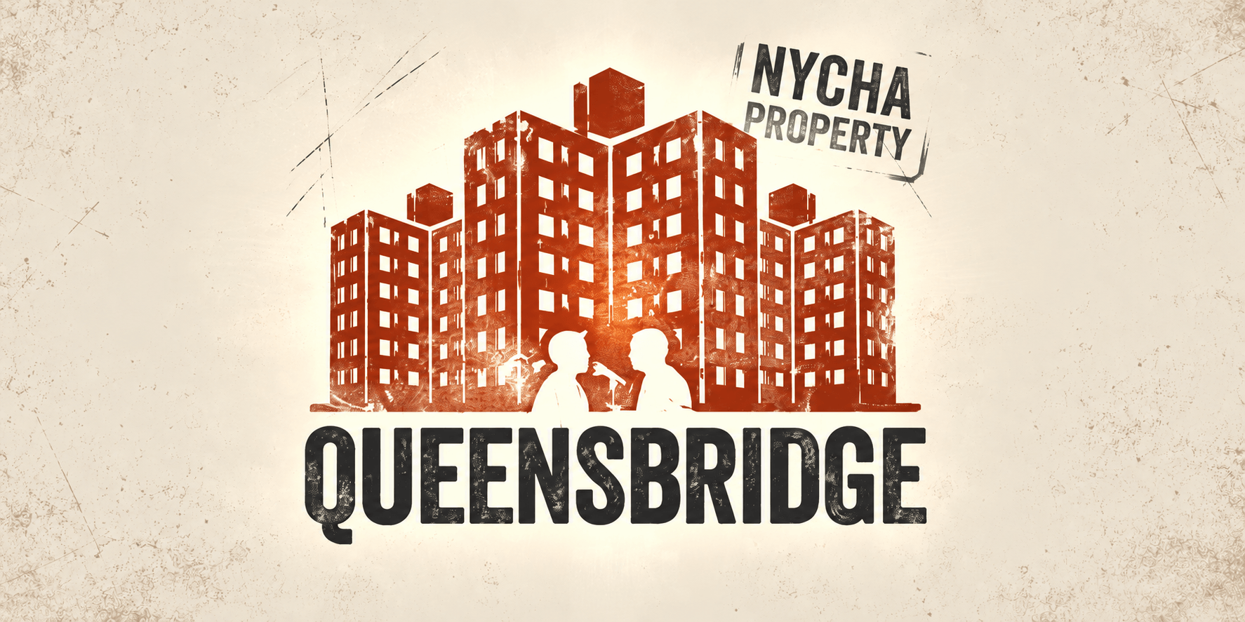 Graphic illustration of Queensbridge housing complex with silhouettes of two people in foreground