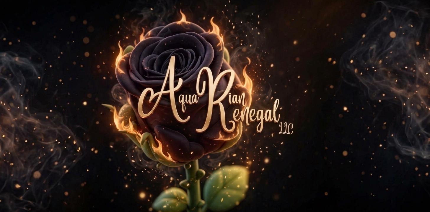A stylized black rose with flames and elegant text for Aqua Rian Renegal LLC