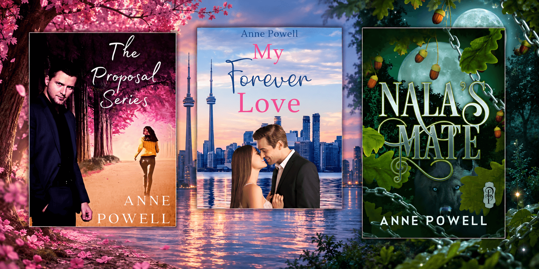 Three book covers by Anne Powell featuring romantic themes and vibrant backgrounds