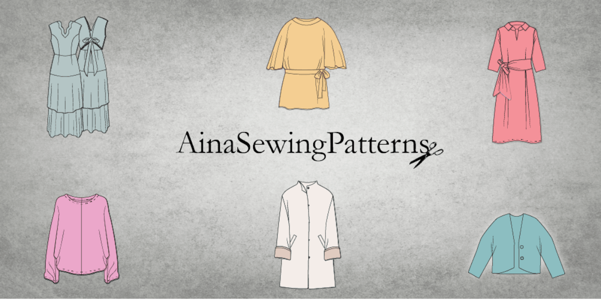 Illustration of various sewing patterns for dresses and outerwear with a logo in the center
