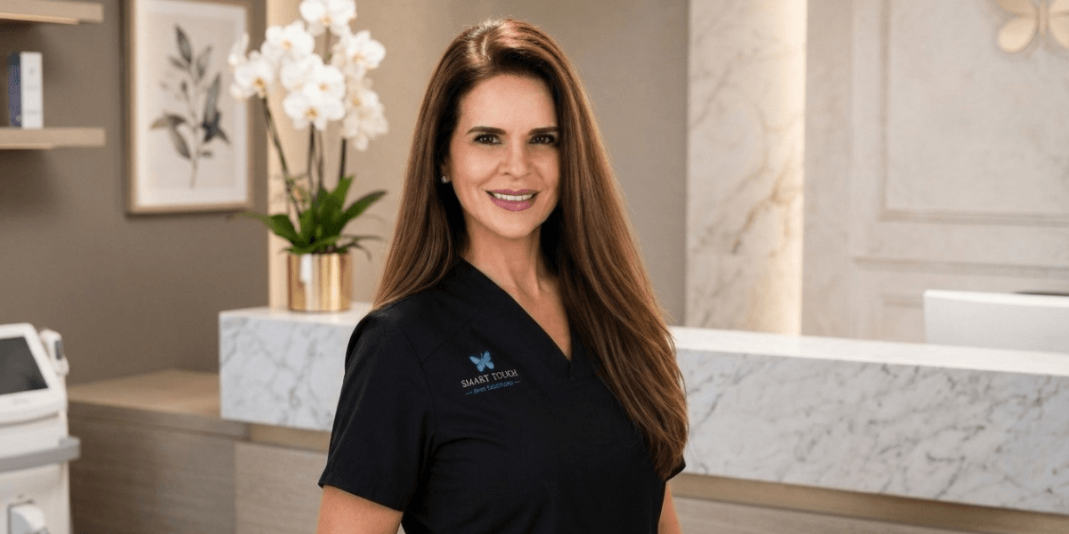 Smiling professional woman in a black uniform stands in a modern clinic reception area
