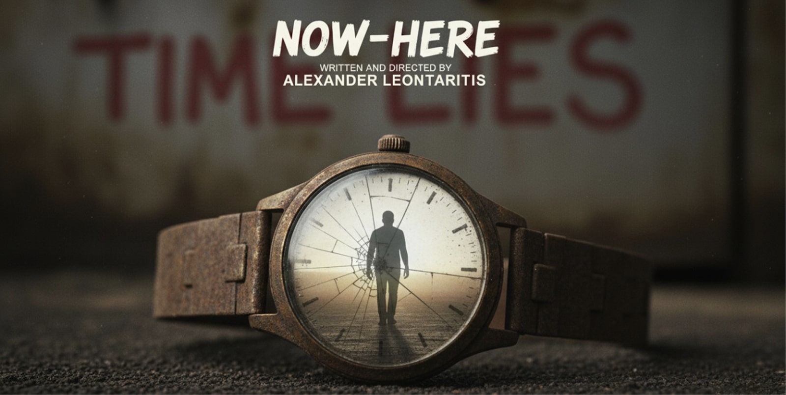 Poster for 'NOW-HERE,' a psychological drama, featuring a cracked watch with a silhouette of a man and 'TIME LIES'