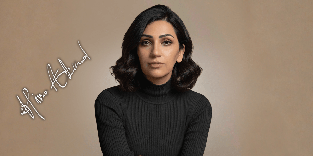 Portrait of a woman in a black turtleneck against a beige background with her signature beside her.