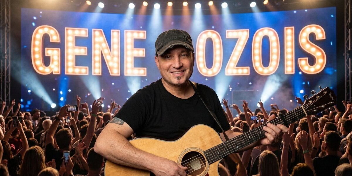 Gene Dozois performing with acoustic guitar before cheering concert crowd and illuminated stage sign.