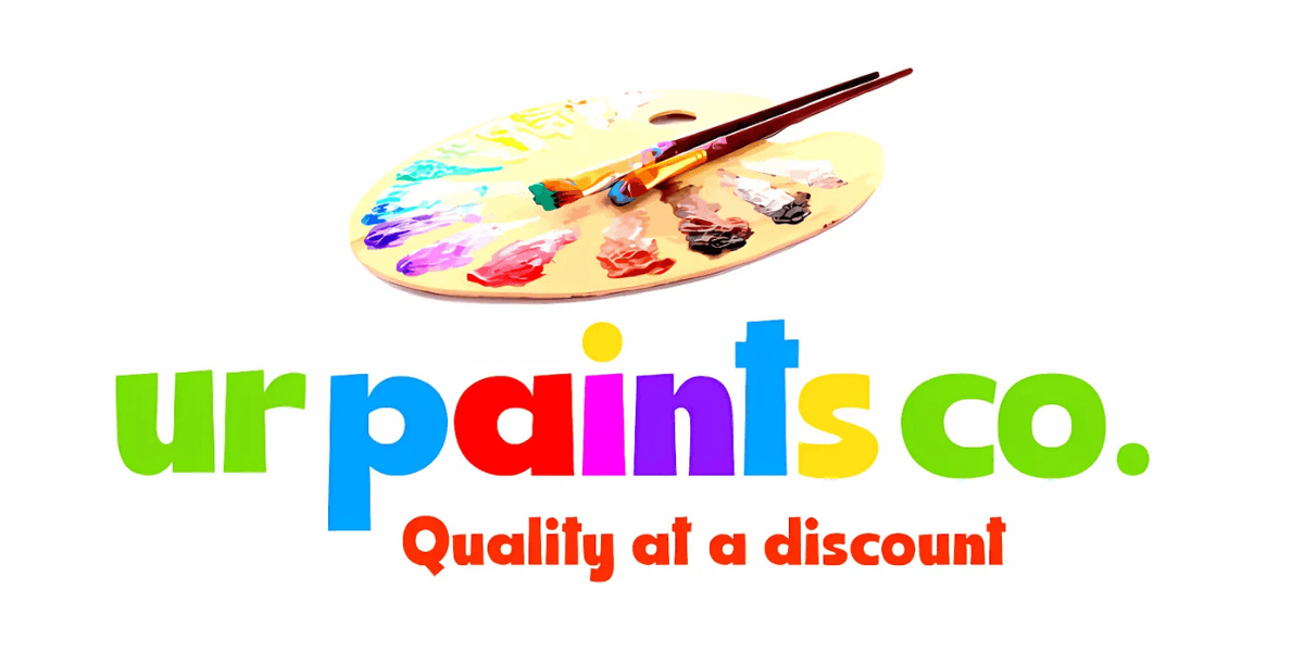 Colorful logo of 'urpaintsco' featuring a vibrant paint palette with a variety of paint colors and two brushes, accompanied by the tagline 'Quality at a discount'. The logo uses bright and playful fonts to attract creative customers.