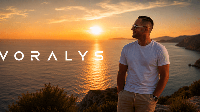 A man stands by the sea at sunset, with the name Voralys displayed.