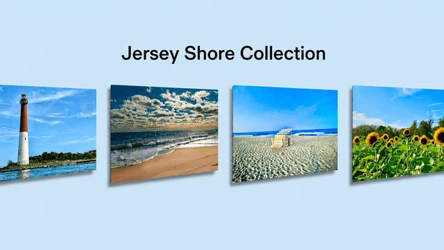 Images of the Jersey Shore, featuring a lighthouse, beach scenes, and sunflowers
