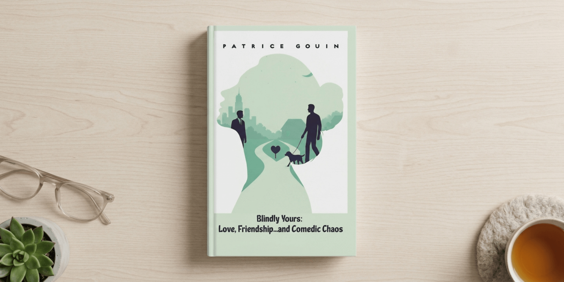 Book titled "Blindly Yours" by Patrice Gouin with a minimalist cover design featuring silhouettes.