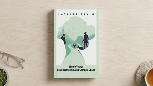 Book titled "Blindly Yours" by Patrice Gouin with a minimalist cover design featuring silhouettes.