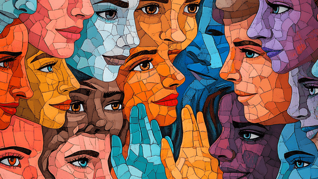 A colorful mosaic of diverse faces conveying various emotions and expressions.