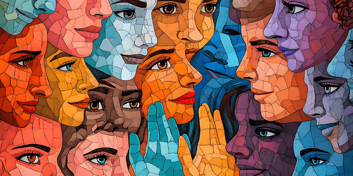 A colorful mosaic of diverse faces conveying various emotions and expressions.