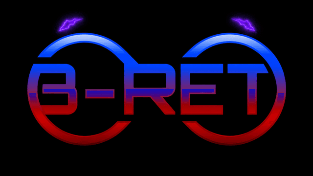 Colorful logo for "B-RET" with circular elements and lightning motifs on a dark background