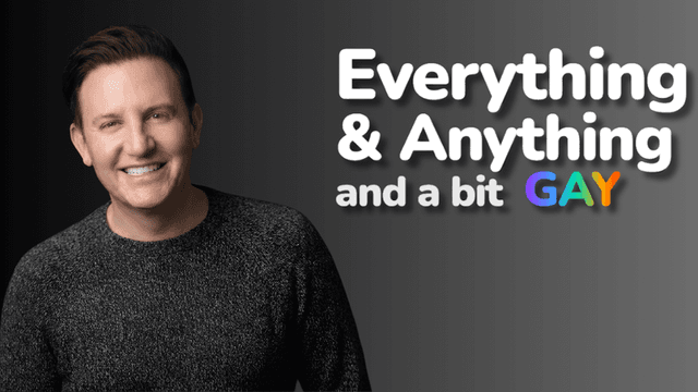A smiling person in a dark sweater against a gradient background with text design