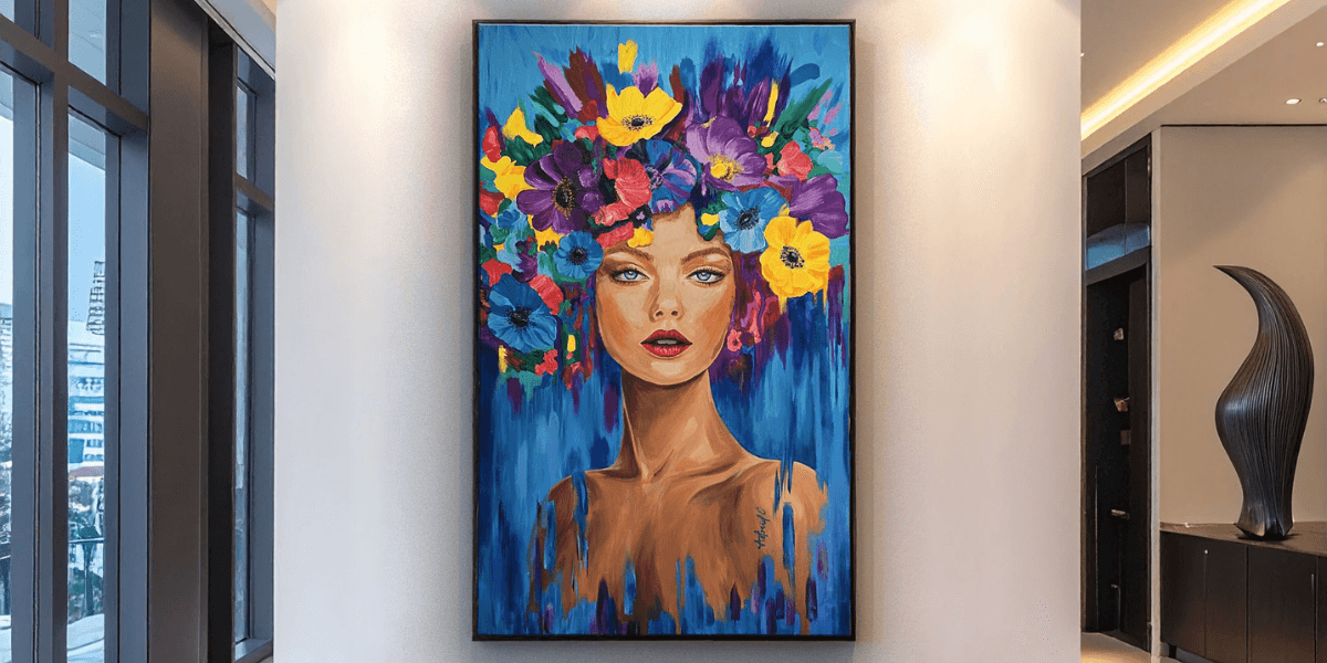 Vibrant painting of a woman with a floral headdress displayed on a wall