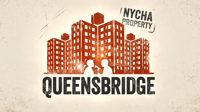 Graphic illustration of Queensbridge housing complex with silhouettes of two people in foreground