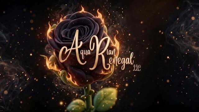 A stylized black rose with flames and elegant text for Aqua Rian Renegal LLC