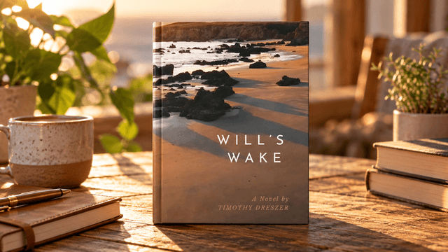 A book titled "Will's Wake" on a wooden table with plants and a coffee mug
