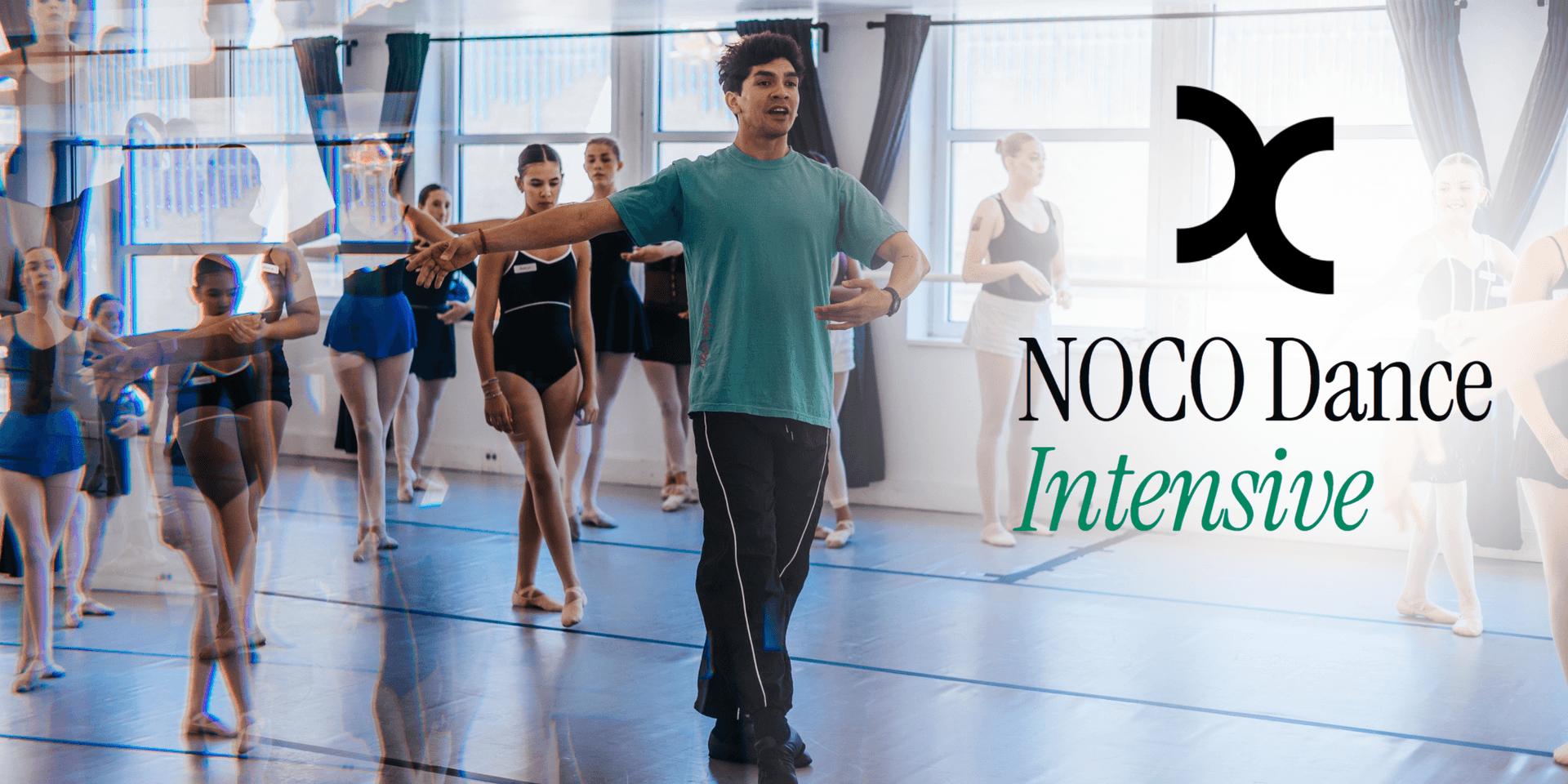 Dance instructor guiding students in a ballet class with a mirrored background